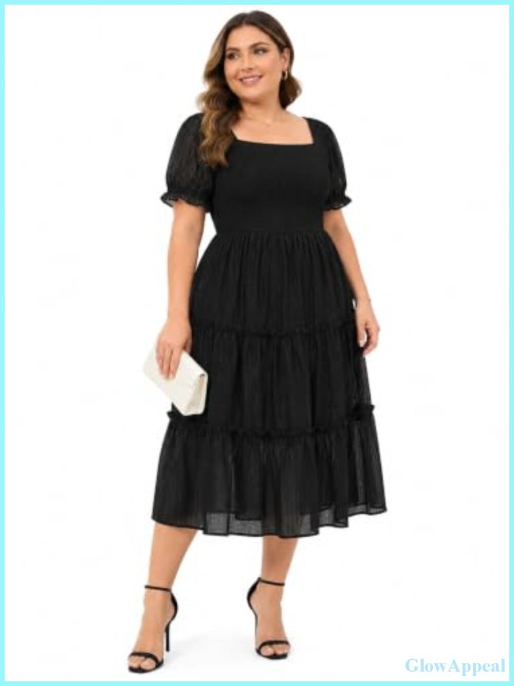 Plus Size Midi Dress with Square Neck Puff Sleeve Smocked Flutter Sleeve